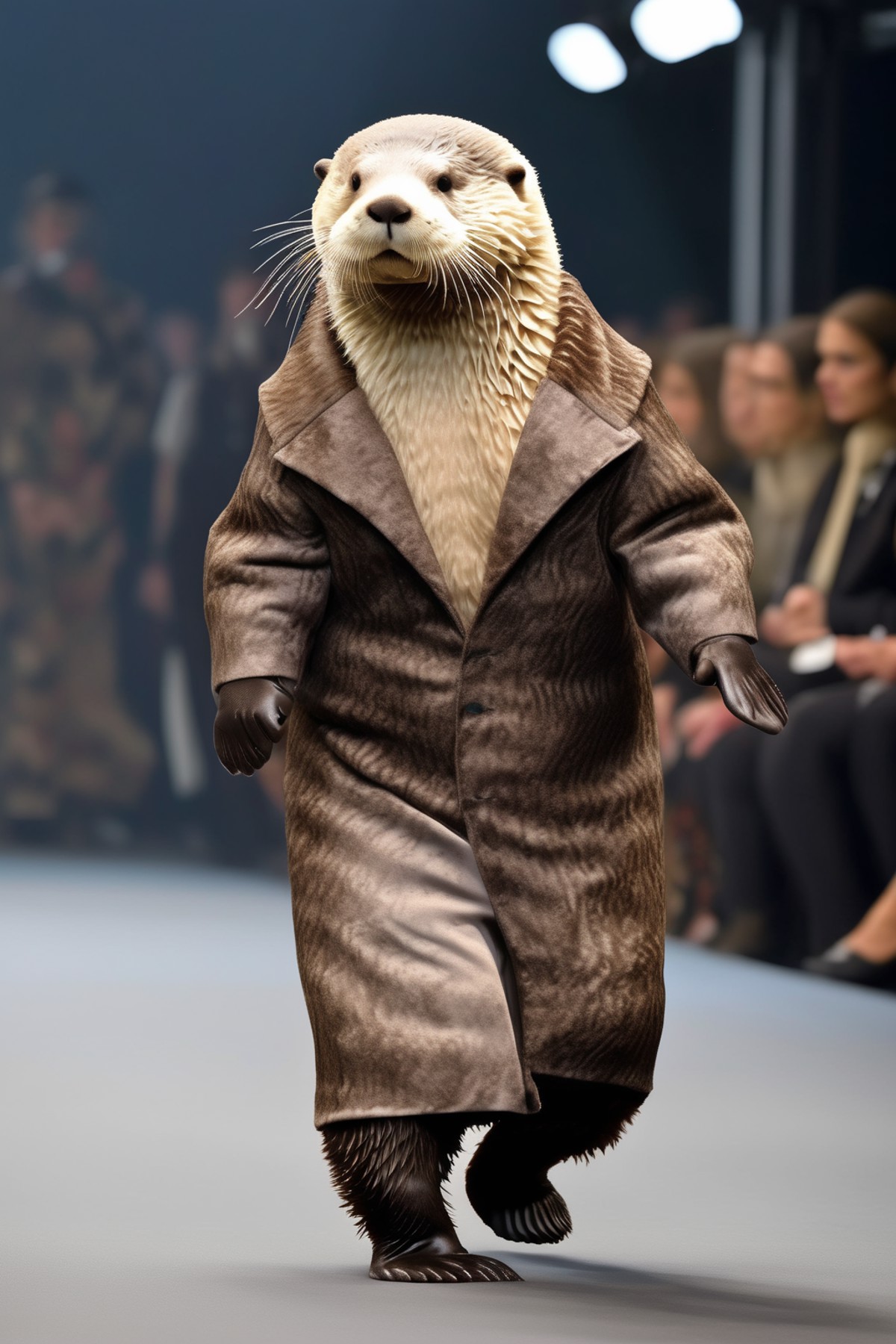 <lora:Dressed animals:1>Dressed animals - sea otter fashion model walking the runway at the Milan fashion show